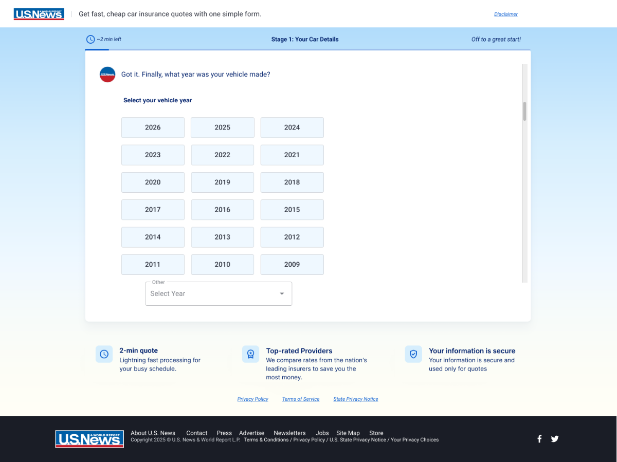 Desktop web screen: the date of birth question inside the persistent shell with header, progress strip, hint bar, chat card, and trust row