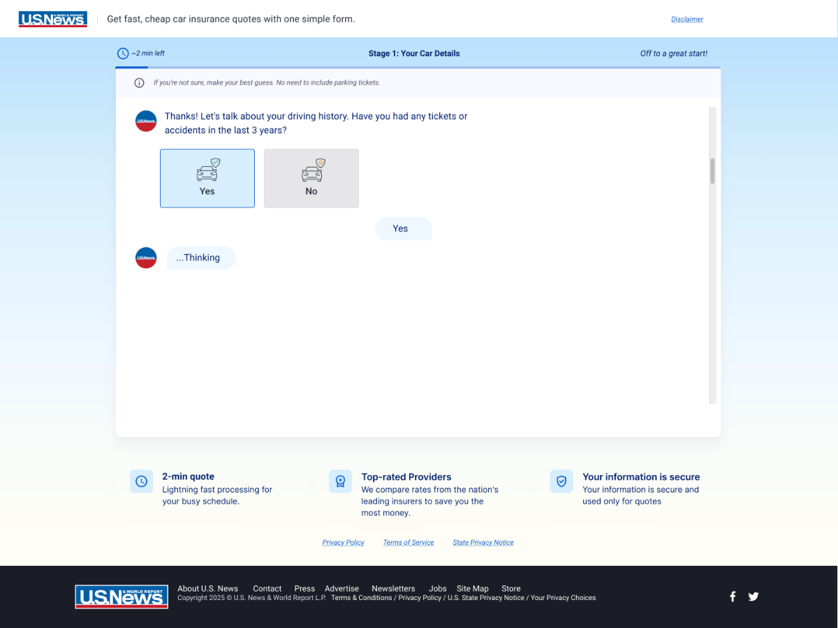 Desktop web screen: a perks profile question with a selected option, framed as a discount check