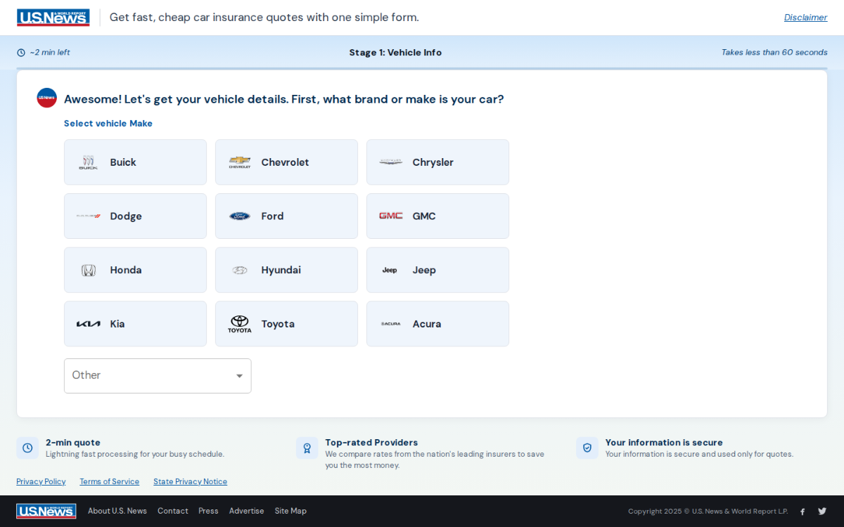 Desktop web screen: the conversational quote flow opens on the vehicle make question with logo tiles, inside the persistent shell
