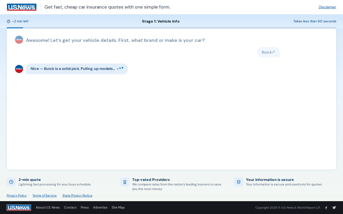 Desktop web screen: the scripted thinking state with typing dots after the user picks Buick