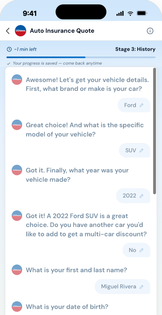 Mobile app screen: Stage 3 currently covered question, where the flow shortens for uninsured users