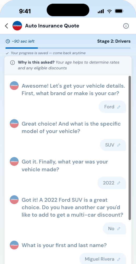 Mobile app screen: Stage 2 date of birth question with the reason it is asked