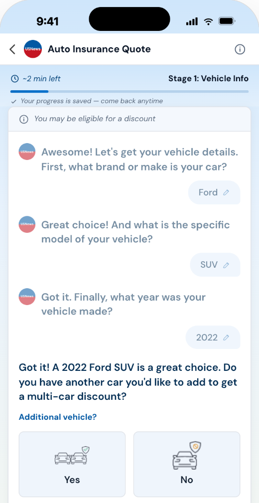 Mobile app screen: the bot repeats back 'Got it! A 2022 Ford SUV is a great choice' composed from the previous three answers