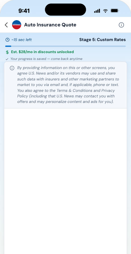 Mobile app screen: Stage 5 email question with consent language right where the email is collected