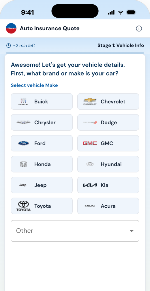 Mobile app screen: Stage 1 vehicle make question with logo tiles