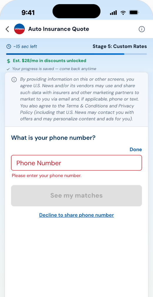 Mobile app screen: Stage 5 phone number question with the visible decline link