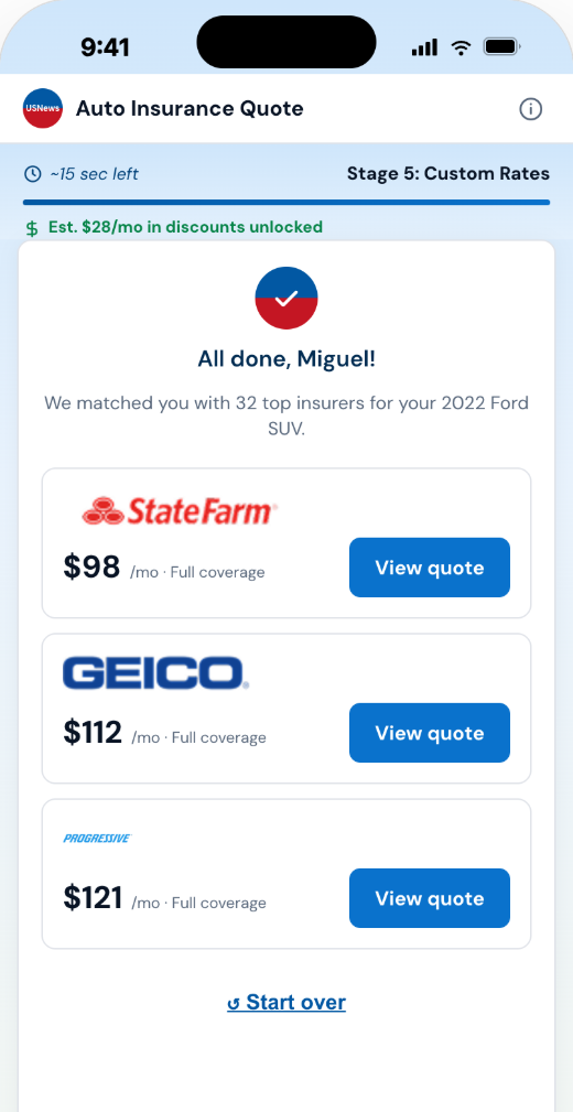 Mobile app screen: the results card with carrier matches, rates shown are illustrative design content