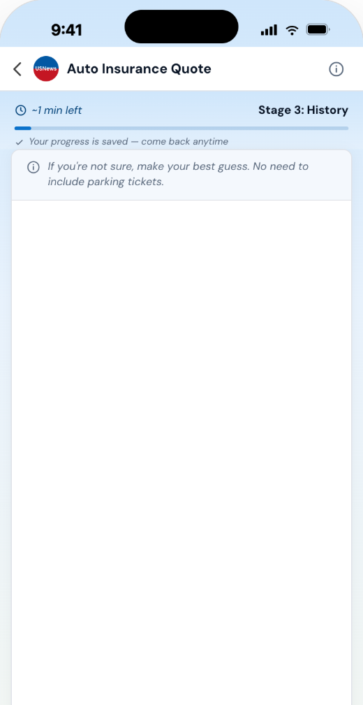 Mobile app screen: the tickets and accidents question with copy that grants permission to guess