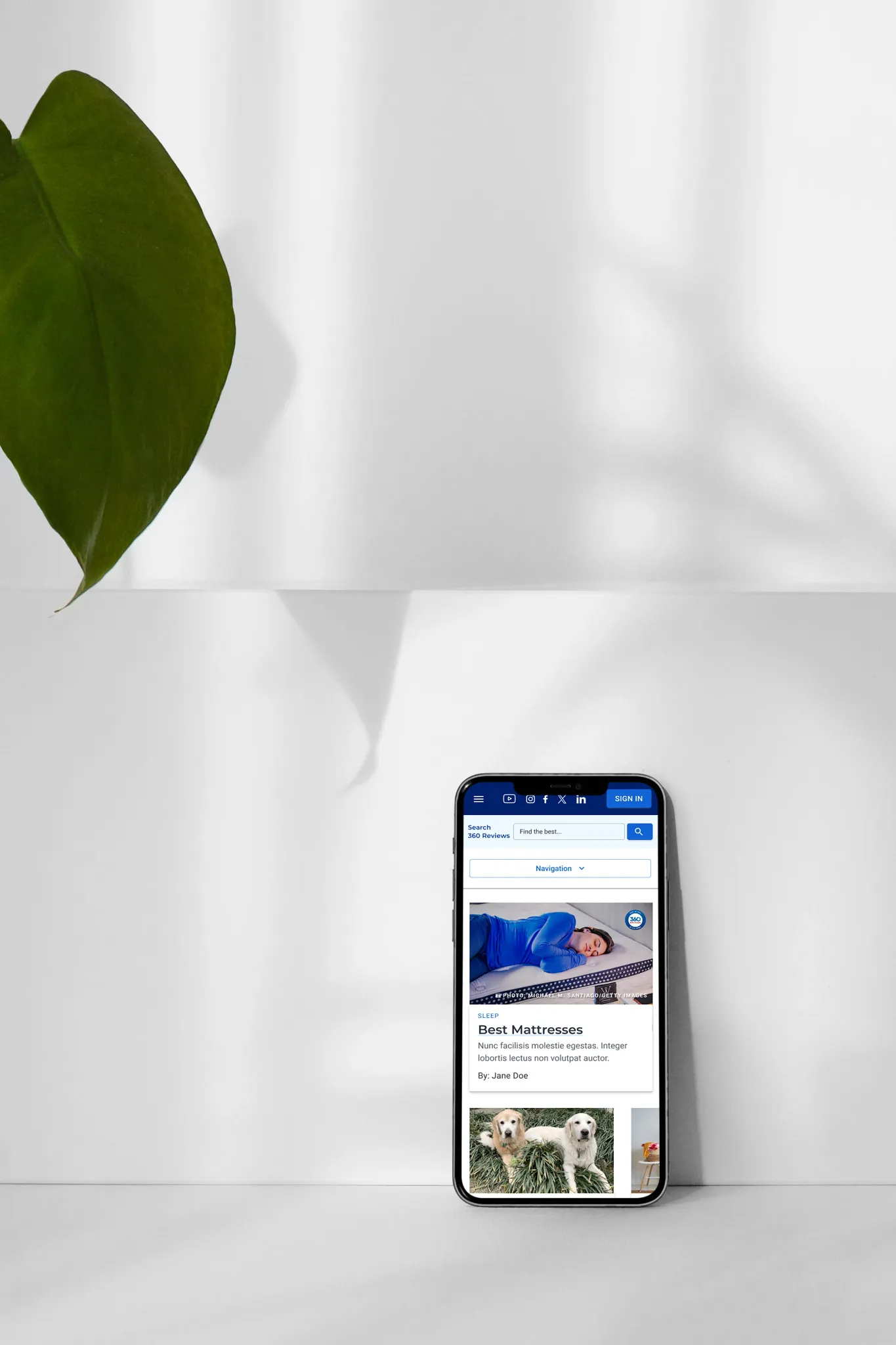 The redesigned mobile homepage on a phone standing against a pale wall, showing the search field, a collapsed navigation control, and the featured Best Mattresses card.