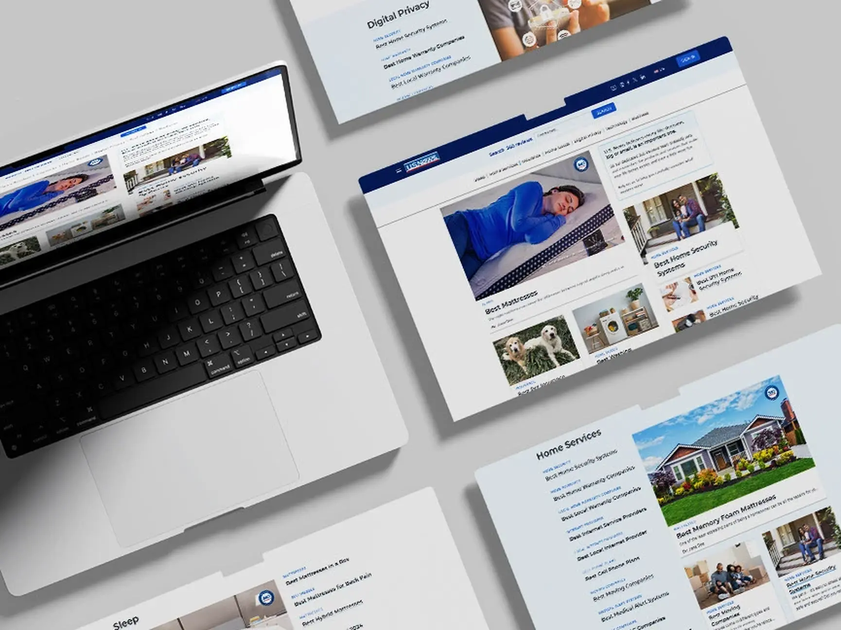 A collage of redesigned 360 homepage modules arranged on a neutral surface beside a laptop, showing repeated vertical templates for Sleep, Home Services, Digital Privacy, and Business.