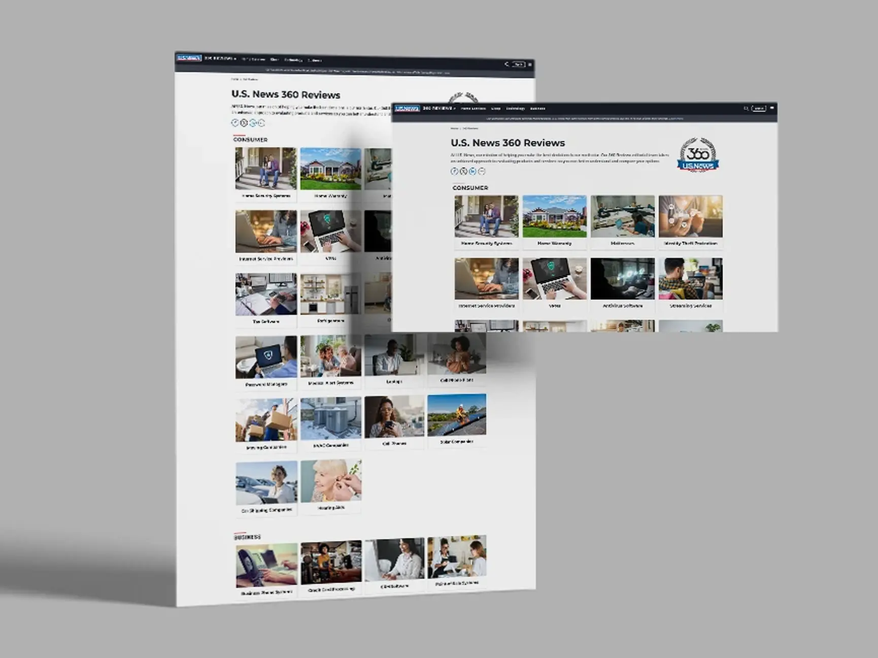 Two legacy homepage layouts shown one behind the other on a neutral background, comparing the older dark navigation with a later light version of the same category grid.