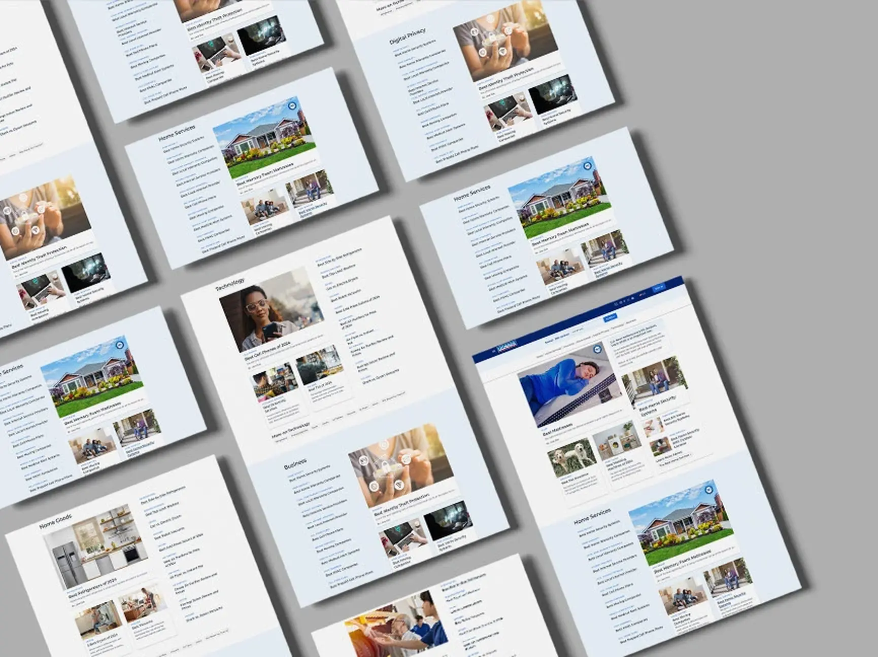Redesigned vertical modules for Home Services, Sleep, Technology, Business, and Digital Privacy laid out in a grid, each with a category link list, one large featured product, and two smaller supporting products.