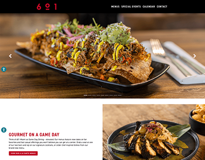 Detail from the 601 Miami homepage showing a chef inspired dish photograph beside a short block of dining copy and a red menu button.