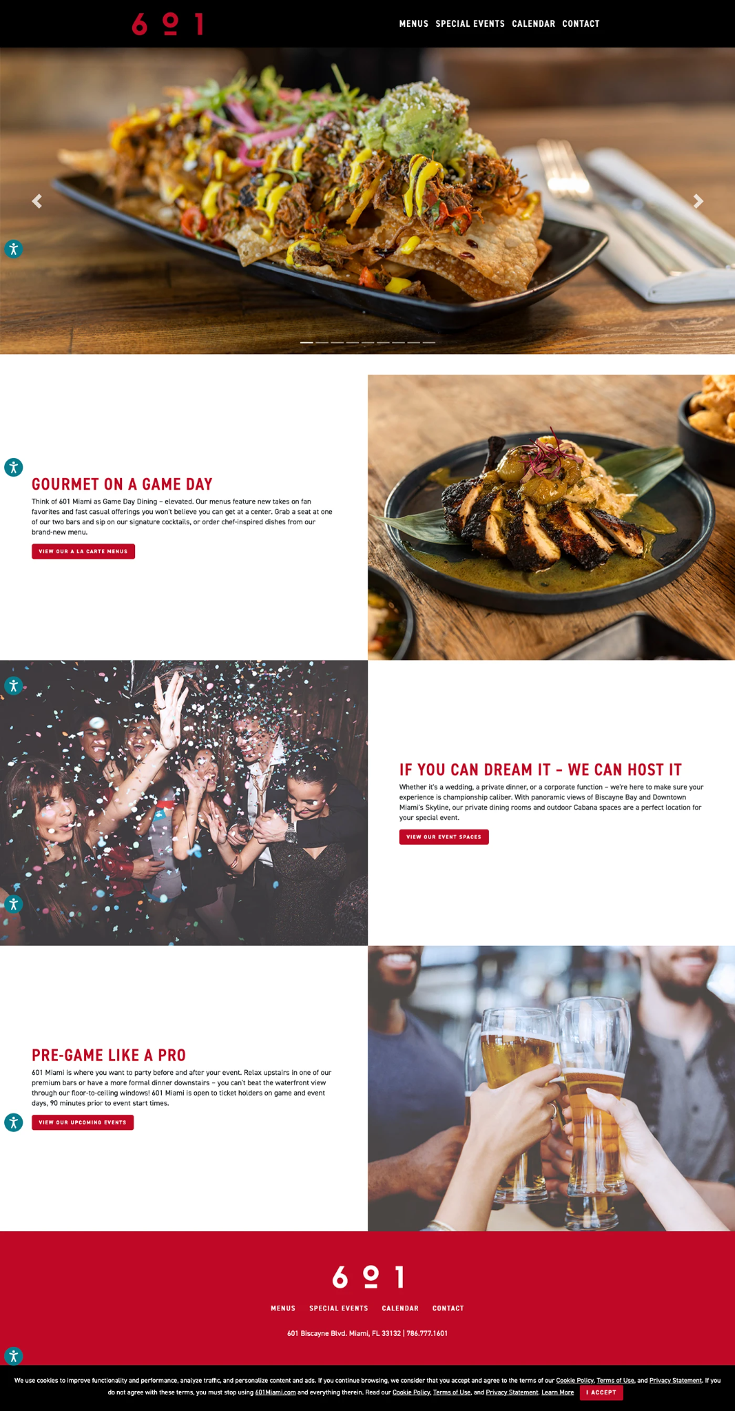 Crop of the 601 Miami homepage showing the private events section, with celebration photography beside the event spaces copy.