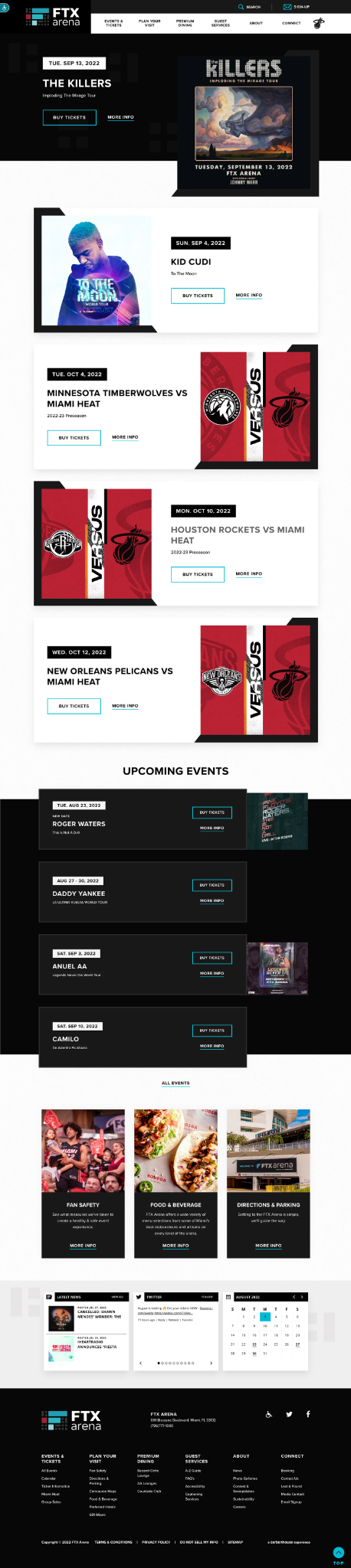 Full length capture of the arena homepage showing the featured concert, event cards with dates and ticket actions, the Upcoming Events list, visit shortcuts, news, and a mini calendar.