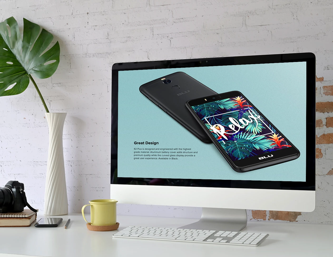 BLU R2 Plus product website campaign layout showing the device, feature headline, and supporting sections in one full composition.
