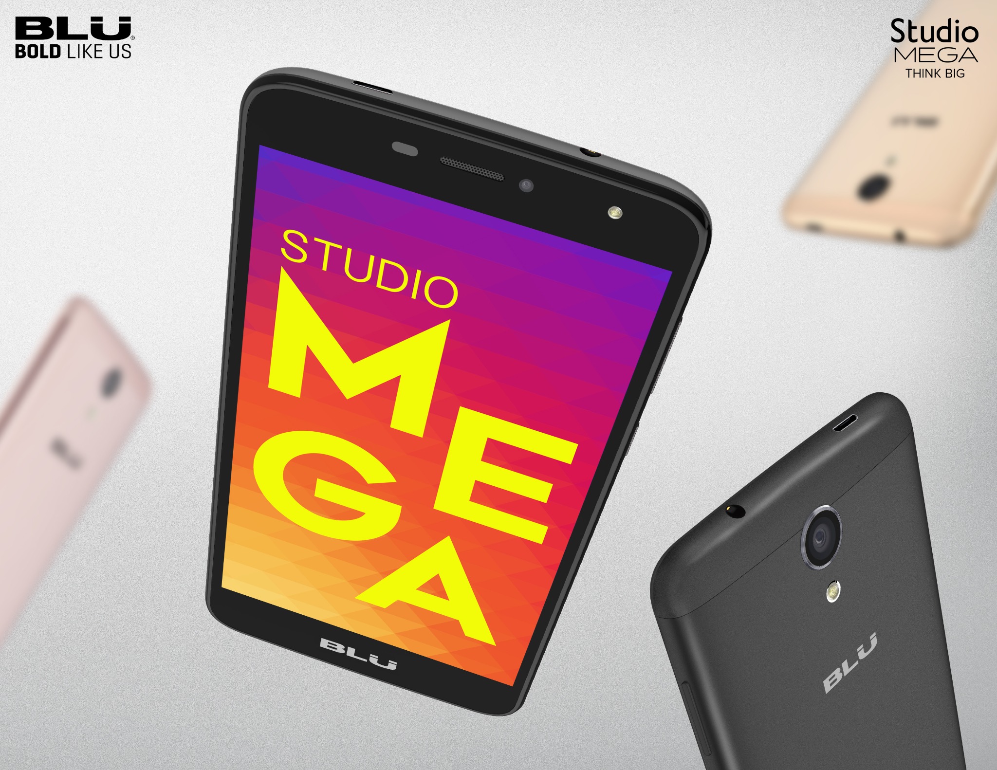 BLU Studio Mega feature layout emphasizing the large display and slim design of the device.