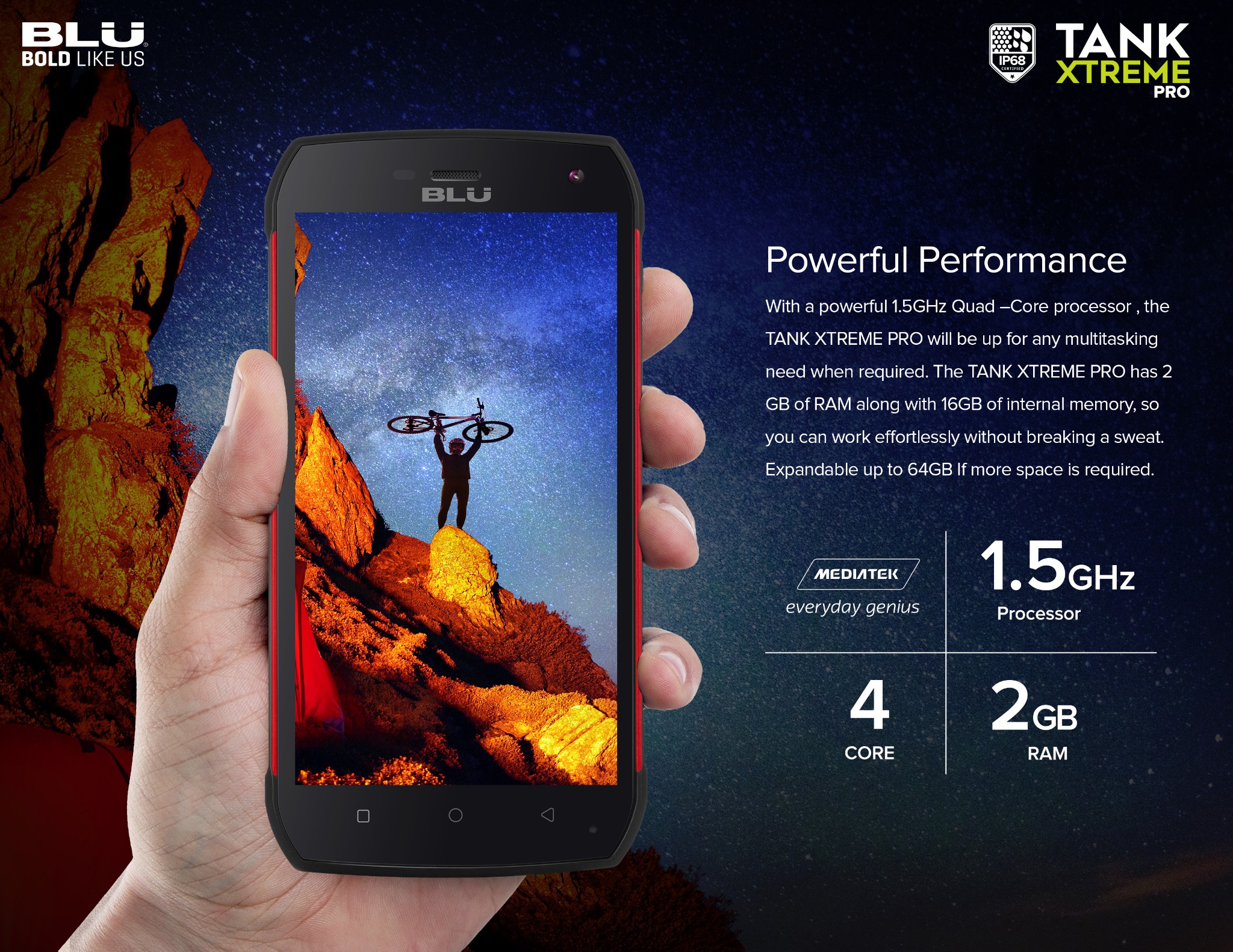 BLU Tank Xtreme campaign layout emphasizing durability and battery performance in a rugged environment.