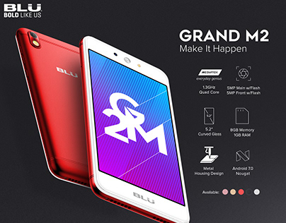 BLU Grand M2 feature card pairing one product claim with a supporting product image.