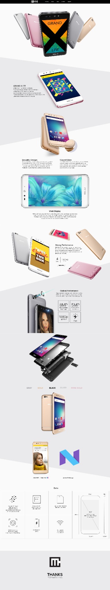 Full length BLU Grand X LTE product page campaign artifact, running from the opening device family through design, display, performance, camera, color, software, and specifications.