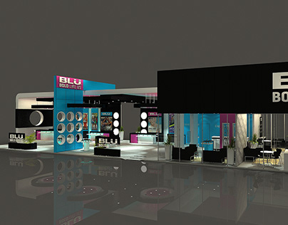 Trade show booth concept for BLU showing large format product graphics and display screens in an exhibition space.