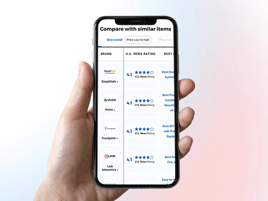 Mobile comparison concept held in one hand, showing sort chips, sticky brand column, ratings, and horizontally scrolling attribute columns.