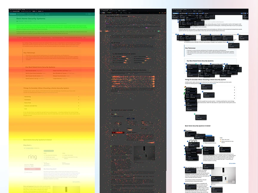 Three stacked analytics views of a comparison page: a scroll heatmap, a click density overlay, and an interaction map with labeled element counts.