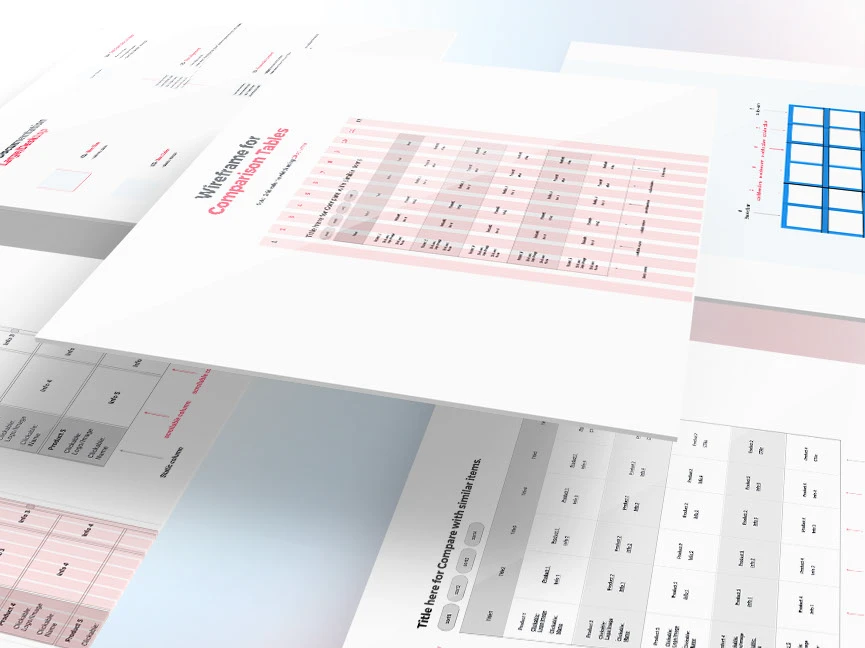 Angled board of comparison table wireframes and grid studies, including annotated column structures and card variants.