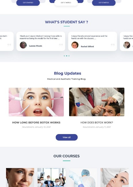 Historical campaign section showing learner testimonials, blog updates, and the four course academies