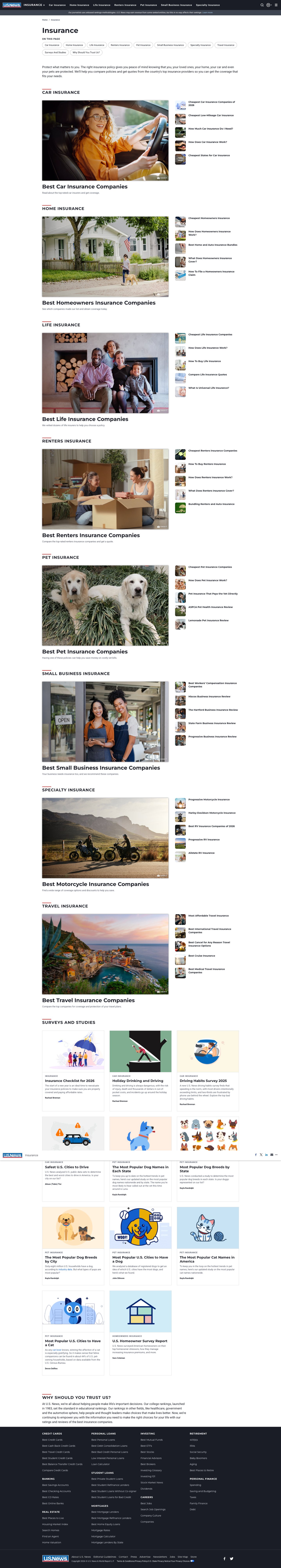 Full-page capture of the original U.S. News insurance sectionfront: eight near-identical stacked category sections, a survey grid, and a trust section at the very bottom of a roughly 9,500 pixel page