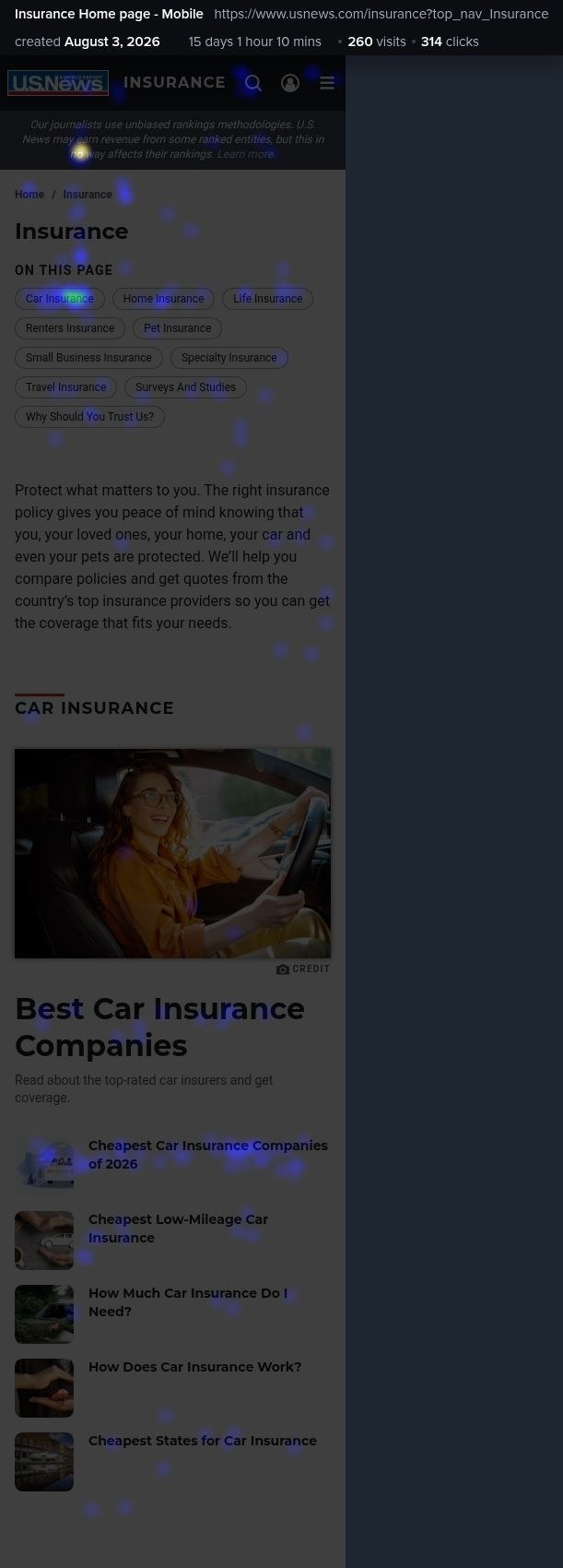 Heatmap of the old mobile page: the hottest click target above the fold is a non-tappable methodology disclaimer