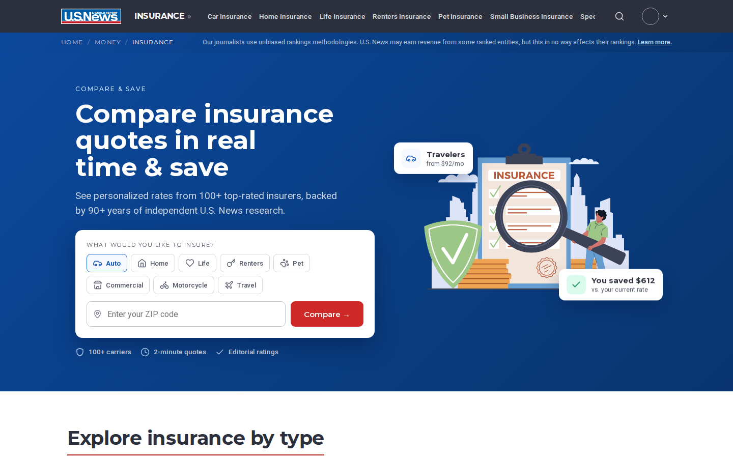 The redesigned U.S. News insurance hub desktop homepage: a quote-comparison form hero with coverage-type chips, eight insurance categories, and trust signals in the first viewport