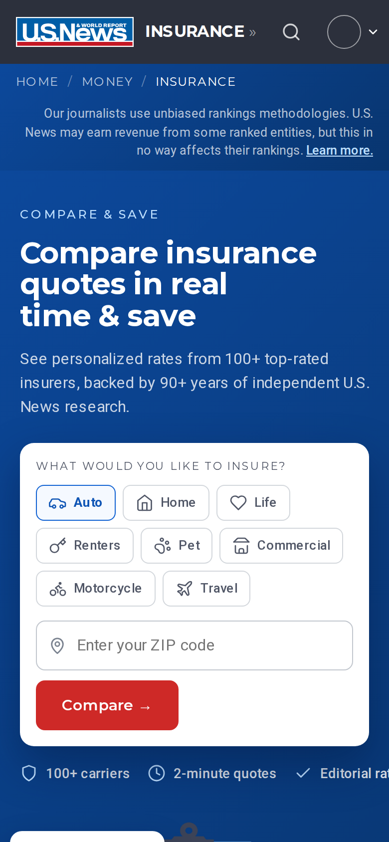 Redesigned insurance hub at mobile width, 390 pixels