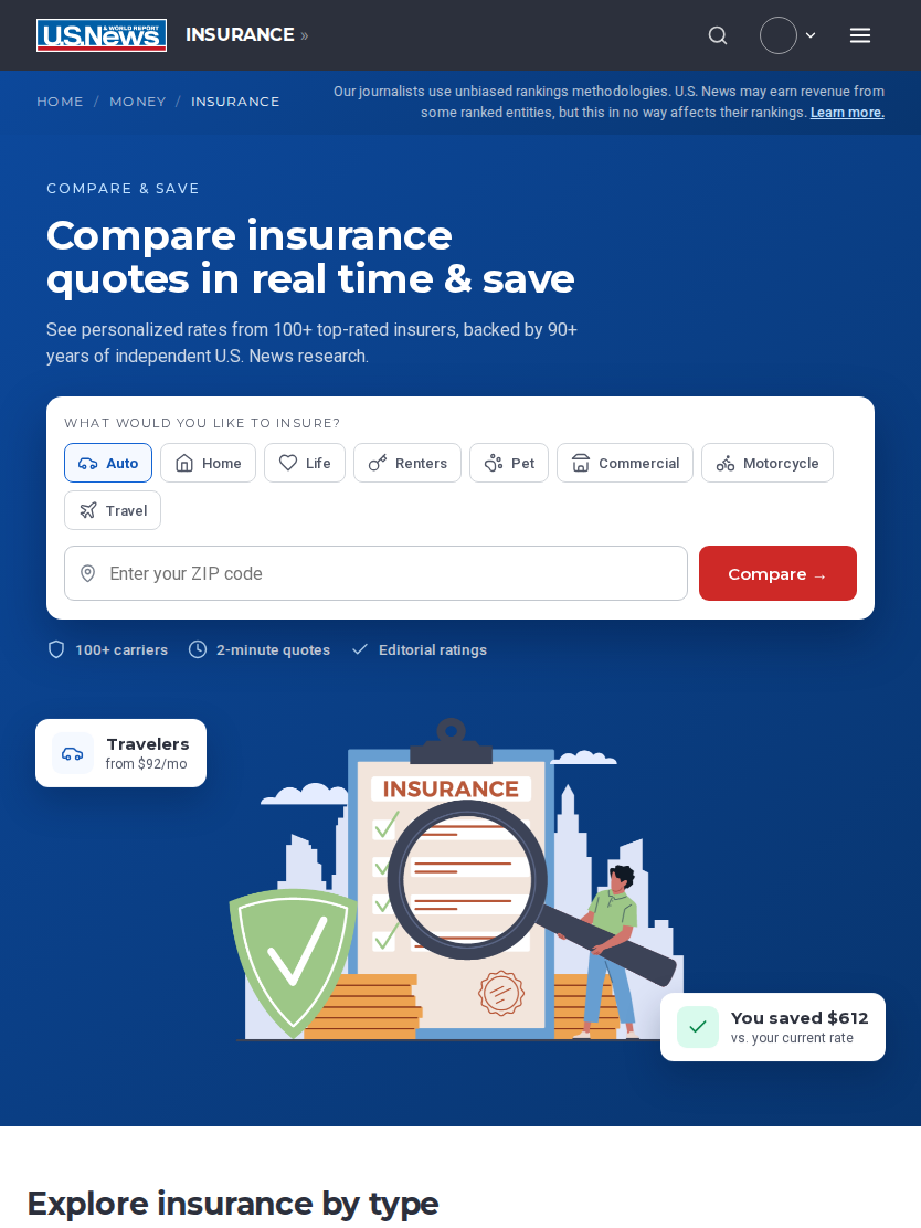 Redesigned insurance hub at tablet width, 834 pixels