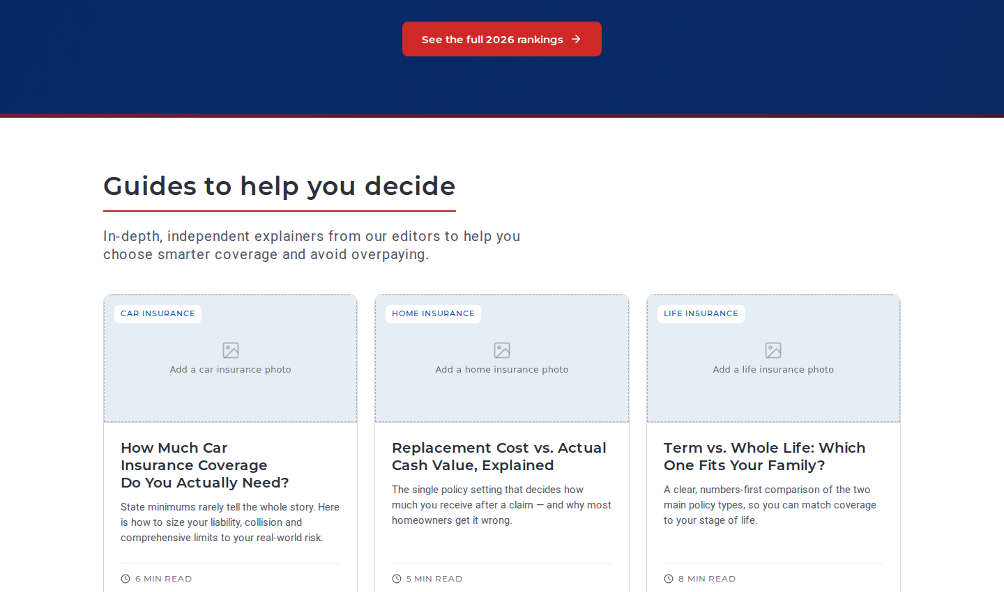 Guides section from the redesign: three guide cards with imagery and linked titles, expandable to six
