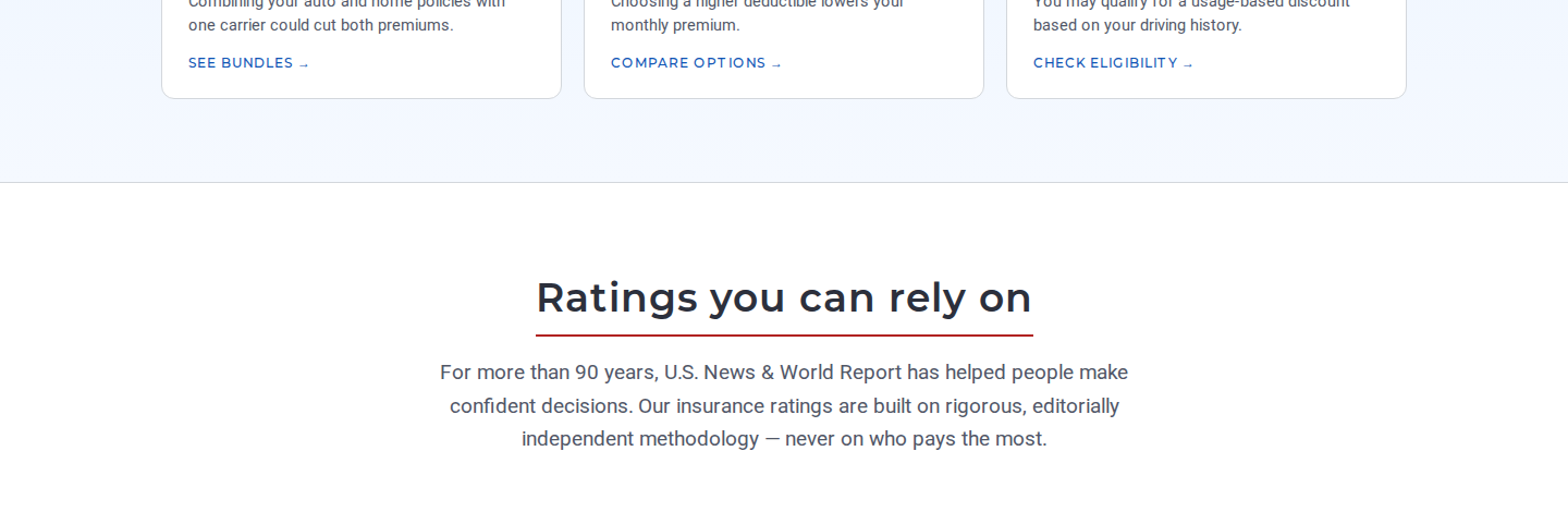 Trust stats band from the redesign: founded 1933, 100+ carriers rated, $0 cost to consumers, 85K+ data points