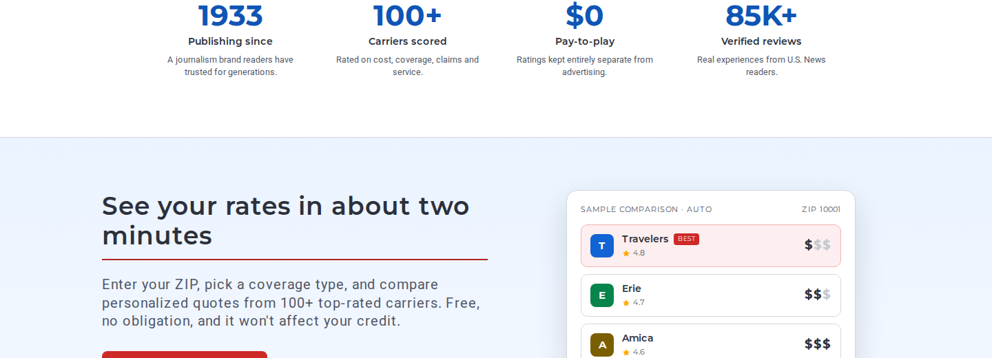 Monetization band from the redesign: a rate comparison card labeled SAMPLE COMPARISON AUTO ZIP 10001 beside a see-your-rates call to action