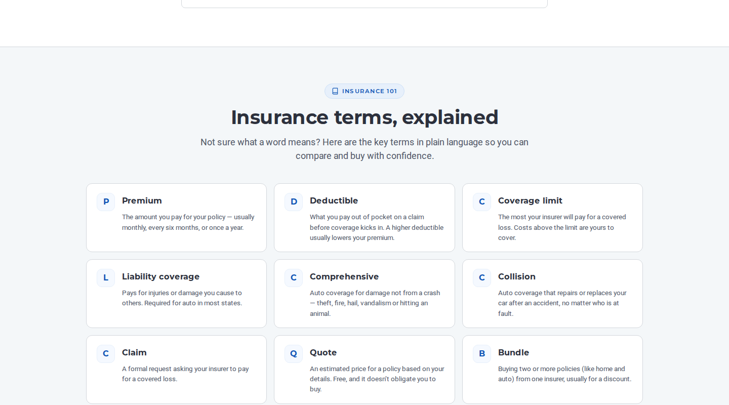 Insurance 101 glossary from the redesign: ten insurance terms with short definitions in a card grid