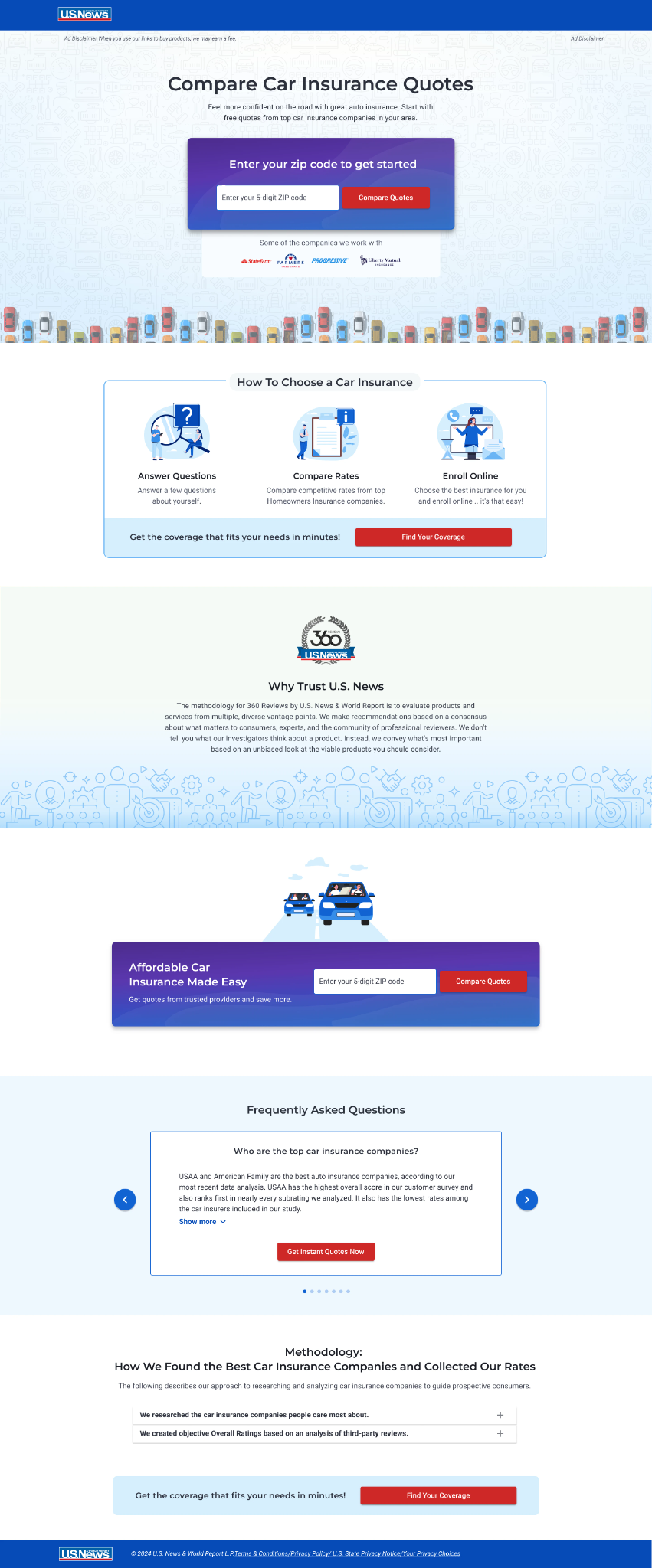 Full-page desktop screenshot of the direct comparison direction, with a centered quote-entry module, how-it-works steps, trust content, FAQ, and methodology.