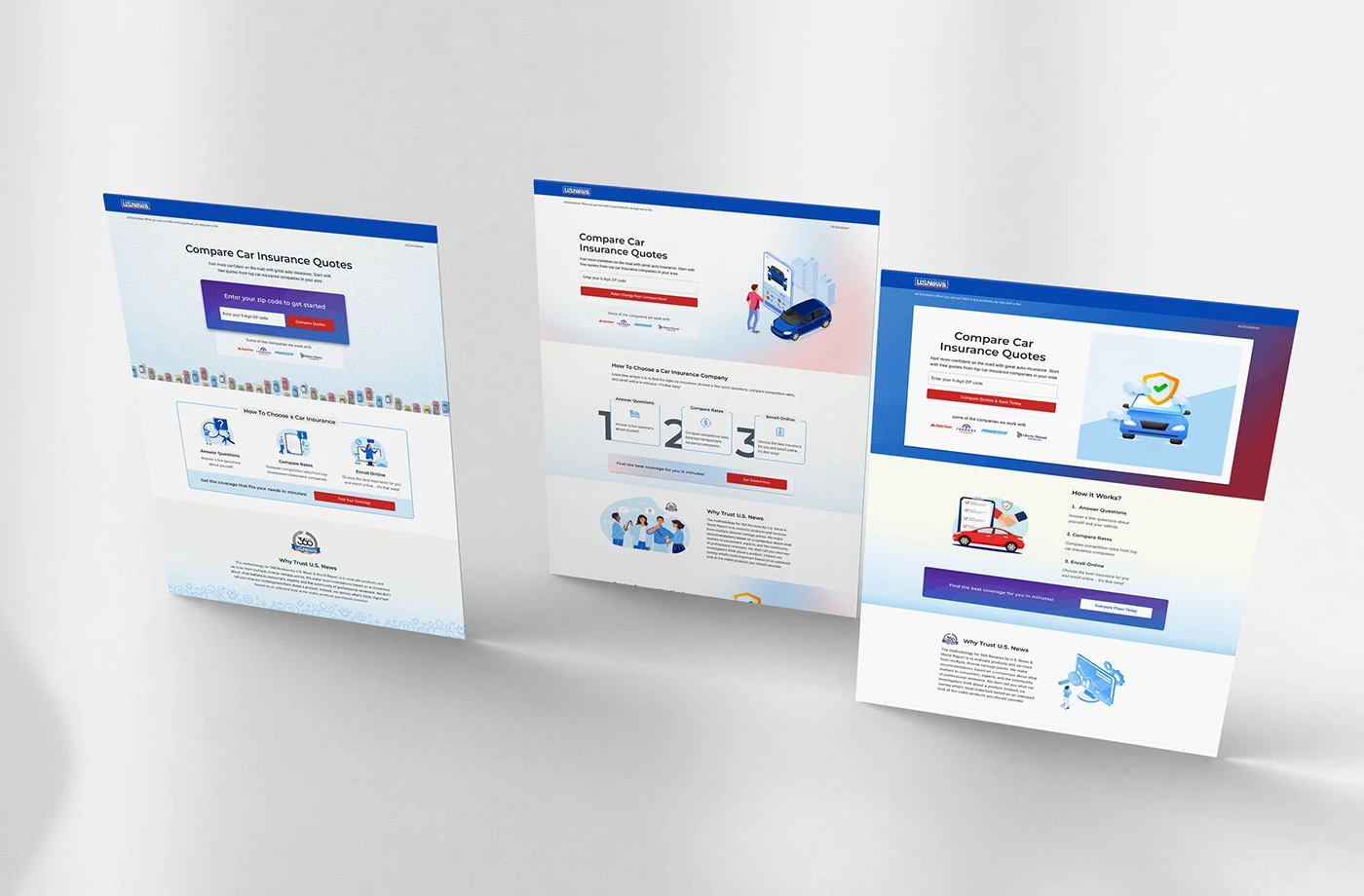 Editorial composition showing three landing-page design directions side by side.