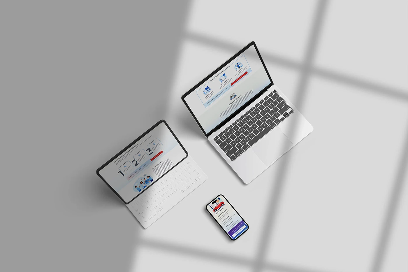 Large responsive-device presentation showing the landing page on laptop, tablet, and phone.