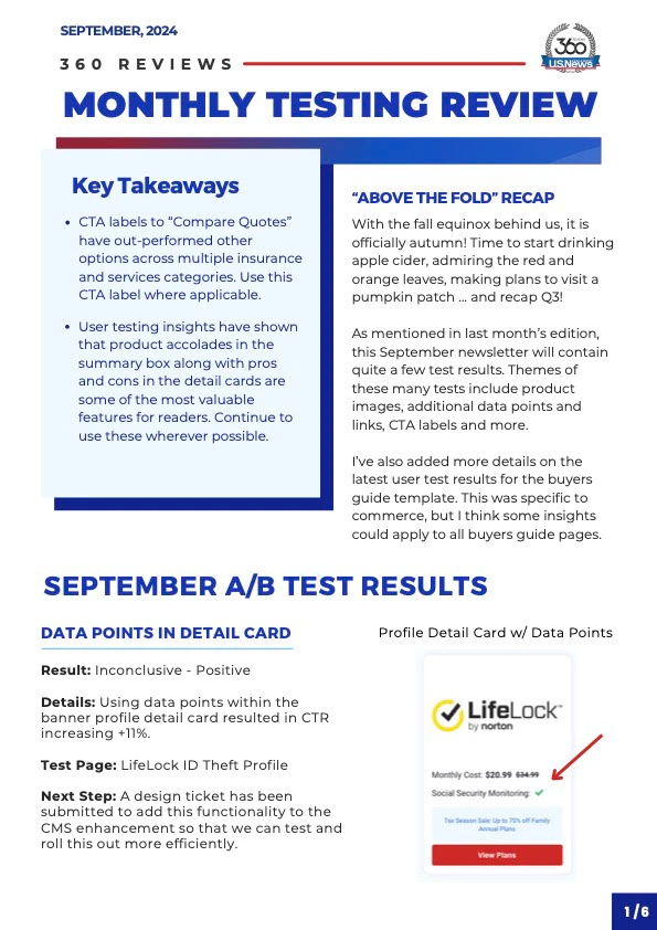 Cover of the September 2024 Monthly Testing Review with key takeaways and the beginning of the A/B test-results section.