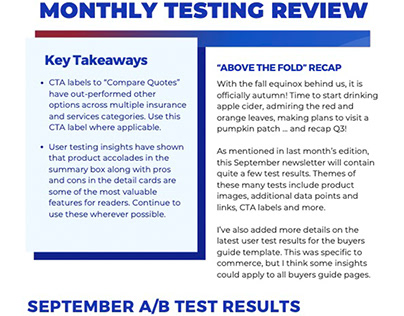 Close preview of the Monthly Testing Review header, key takeaways, and A/B-test-results section.