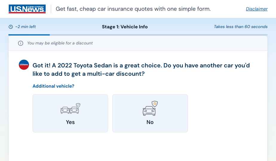 Vehicle step of the conversational auto-insurance quote flow.